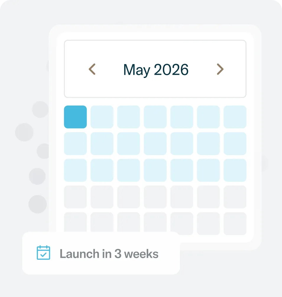 Calendar showing May 2026 with a blue square marking a date and a note saying launch in 3 weeks.