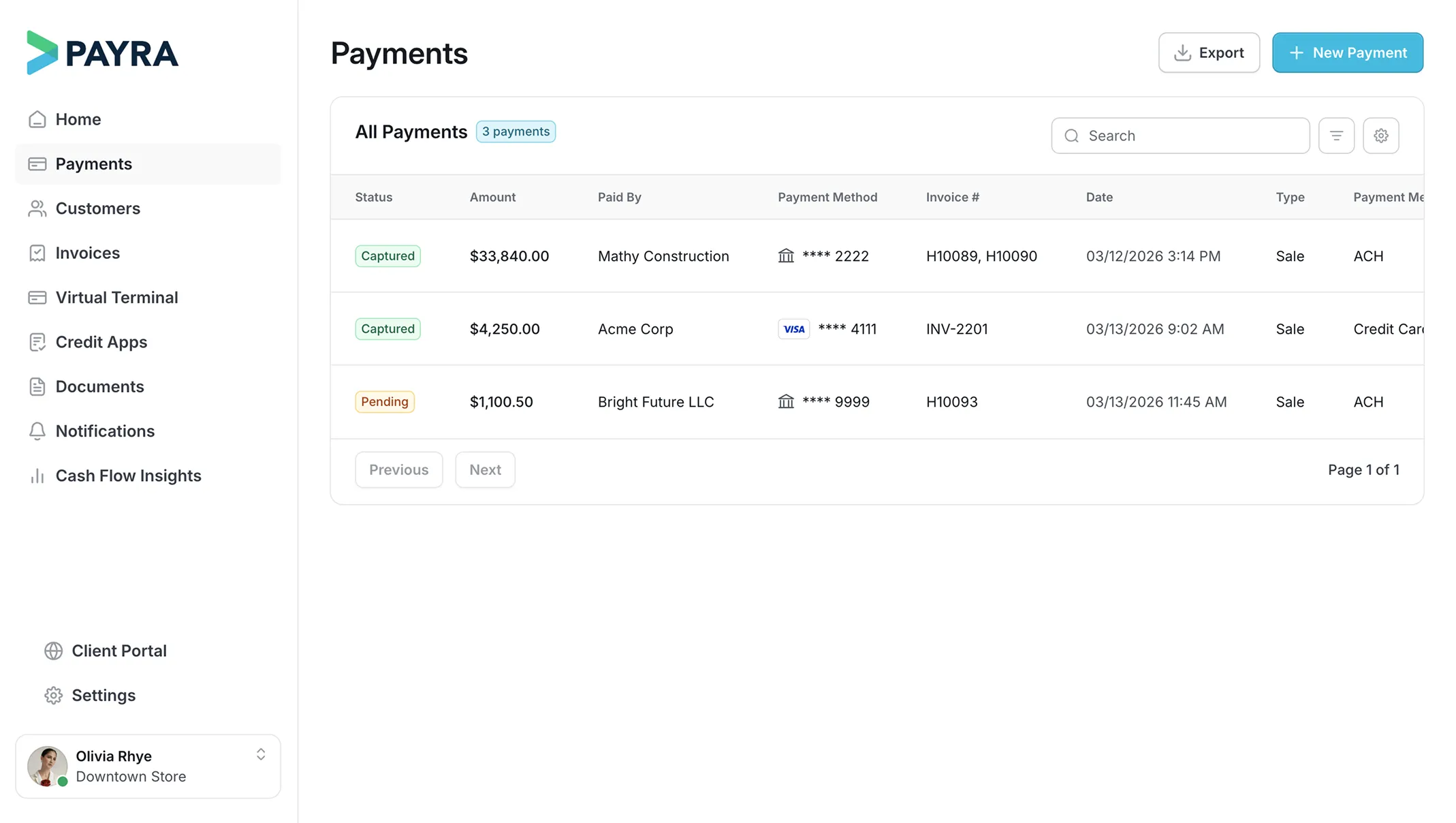 PAYRA payment dashboard showing three transactions with status, amount, payer, payment method, and date.