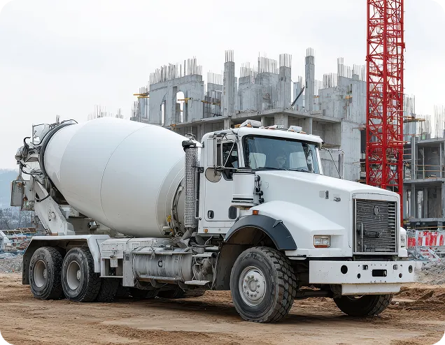 White cement mixer truck parked on a dirt construction site with unfinished concrete building in background.