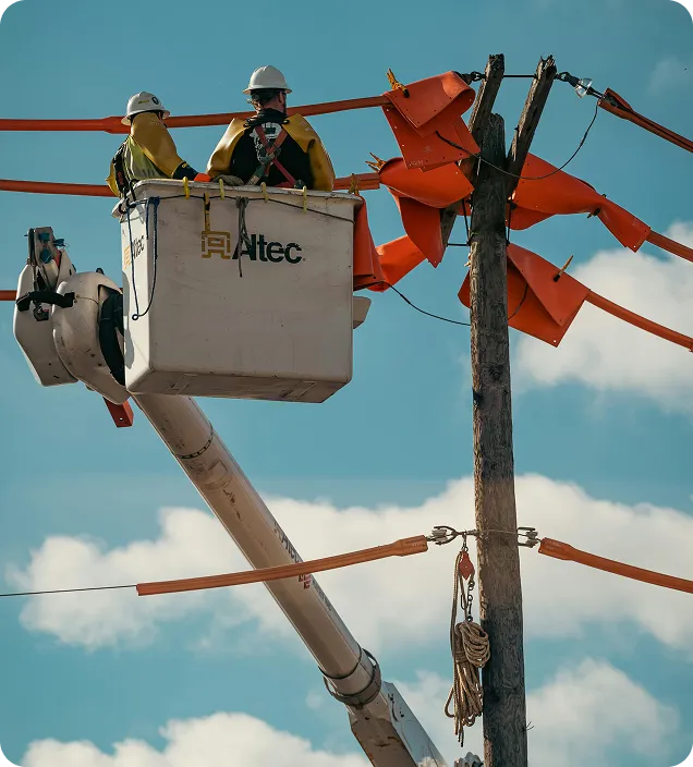 Two utility workers in a boom lift repairing electrical wires on a wooden utility pole with safety gear.