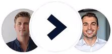 Two men in circular frames on each side of a central circle with a right-pointing arrow between them.