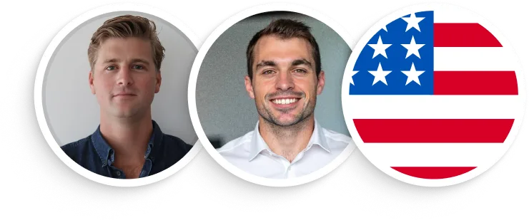 Portraits of two men, one in a blue shirt and one in a white shirt, next to a circular American flag symbol.