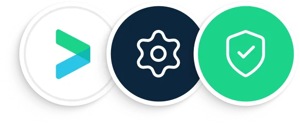 Three circular icons: a teal and blue right arrow, a white gear on dark background, and a white shield with check on green.