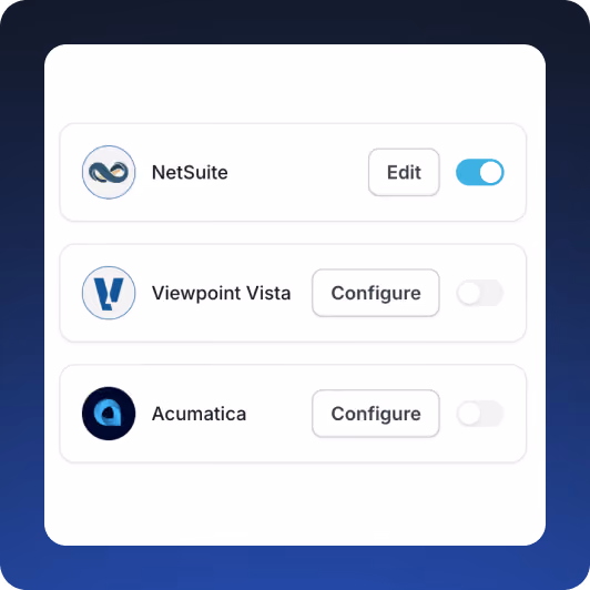 Interface showing NetSuite enabled with edit option, and Viewpoint Vista and Acumatica disabled with configure options.