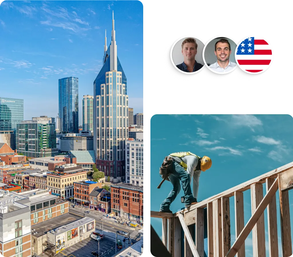 City skyline with tall buildings and a construction worker on wooden framing under blue sky.