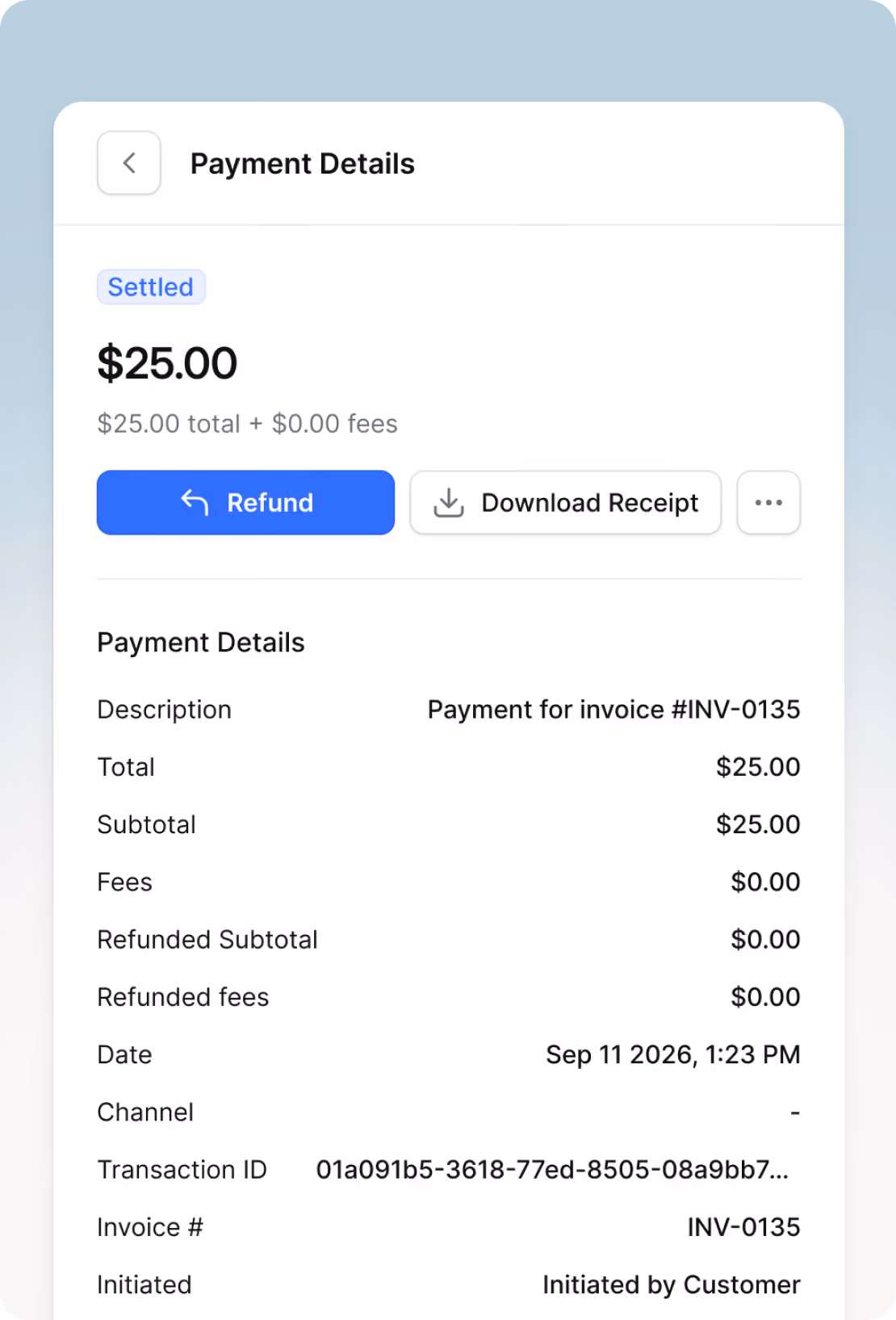 Payment of $4,250.00 captured via Visa ending 4111 on 03/13/2026 for invoice INV-2201 from Acme Corp.