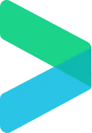 Two overlapping angled shapes forming a rightward arrow, gradient teal to blue.