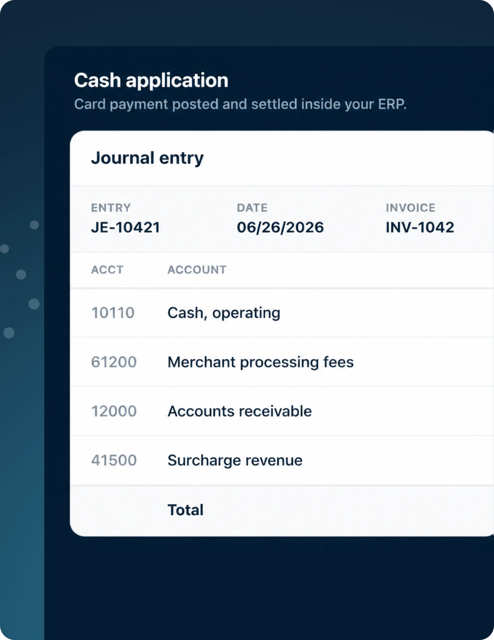 Cash application journal entry with account names and numbers dated 06/26/2026 and invoice INV-1042.