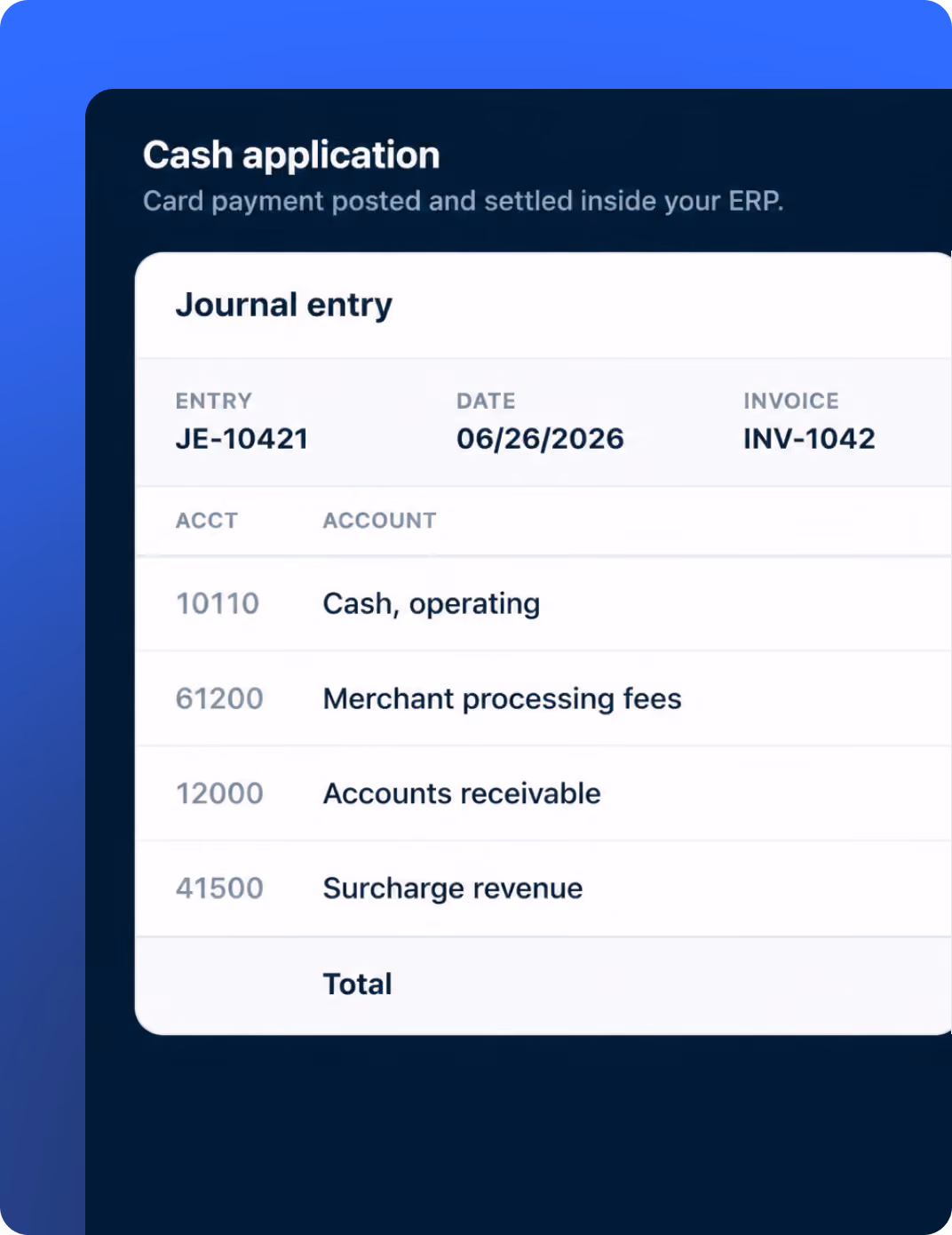 Cash application journal entry with account names and numbers dated 06/26/2026 and invoice INV-1042.
