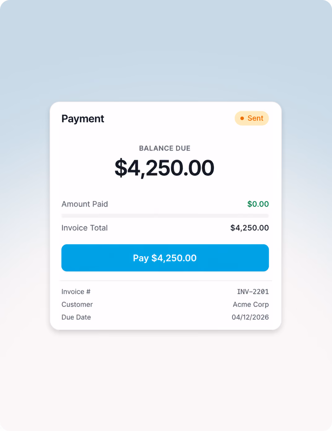 Digital invoice screen showing $4,250 balance due for Acme Corp with payment button and due date.