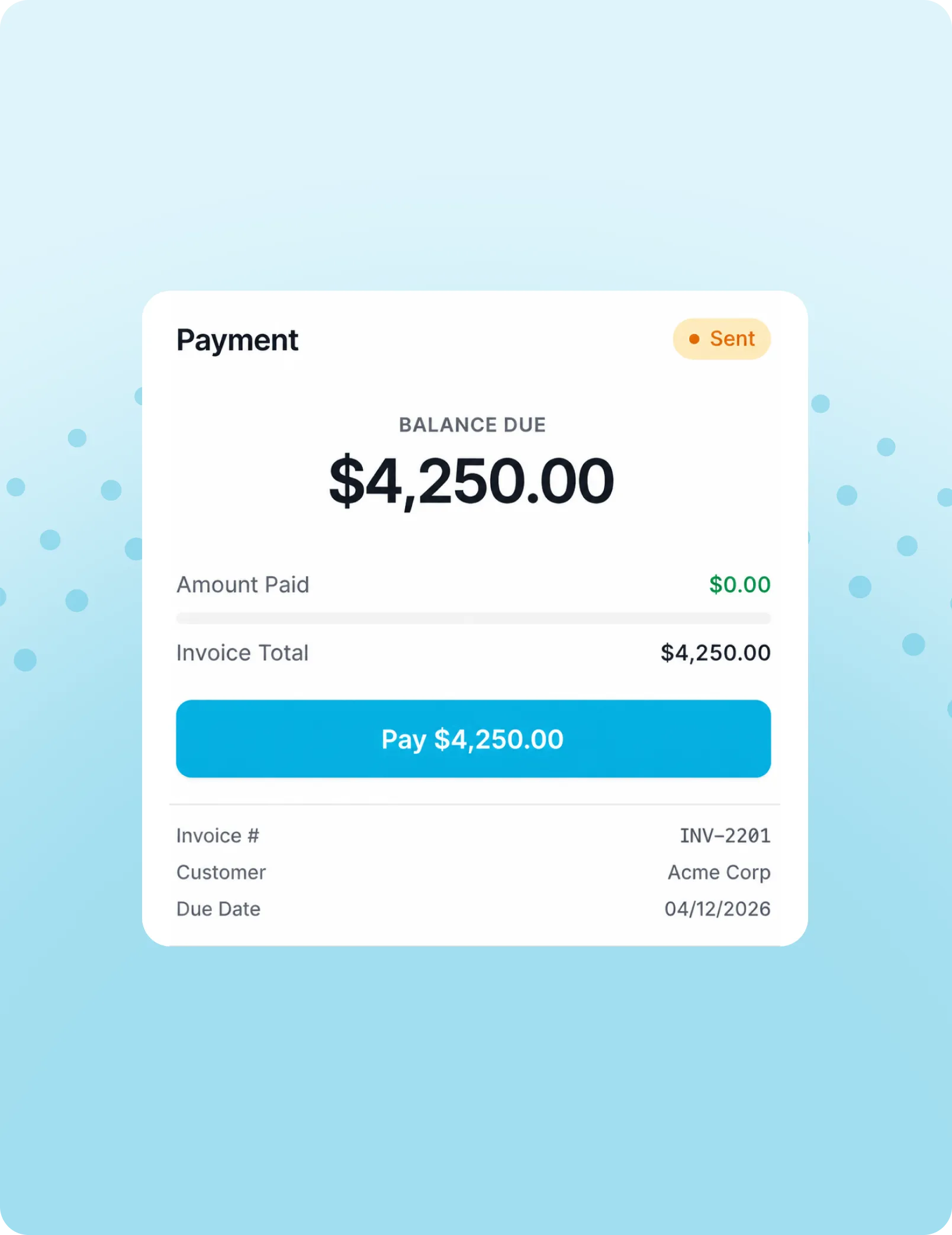 Digital invoice screen showing $4,250 balance due for Acme Corp with payment button and due date.
