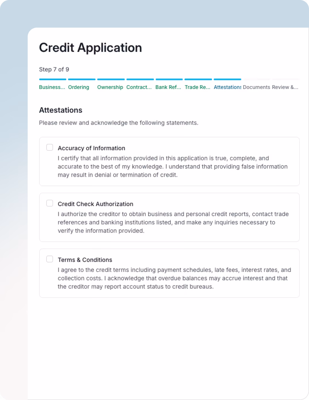Credit application step 7 of 9 showing attestations with checkboxes for accuracy, credit check, and terms.