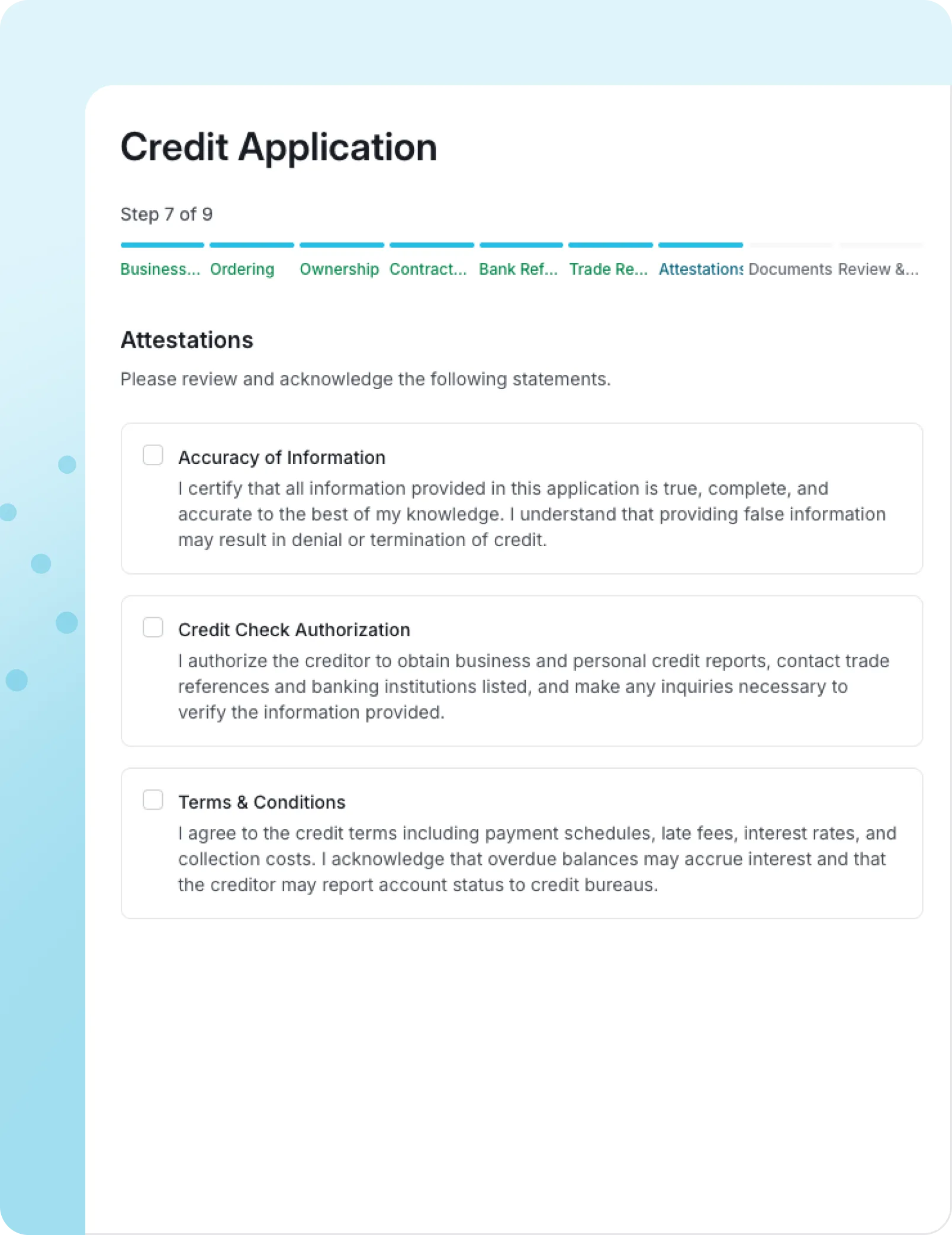 Credit application step 7 of 9 showing attestations with checkboxes for accuracy, credit check, and terms.