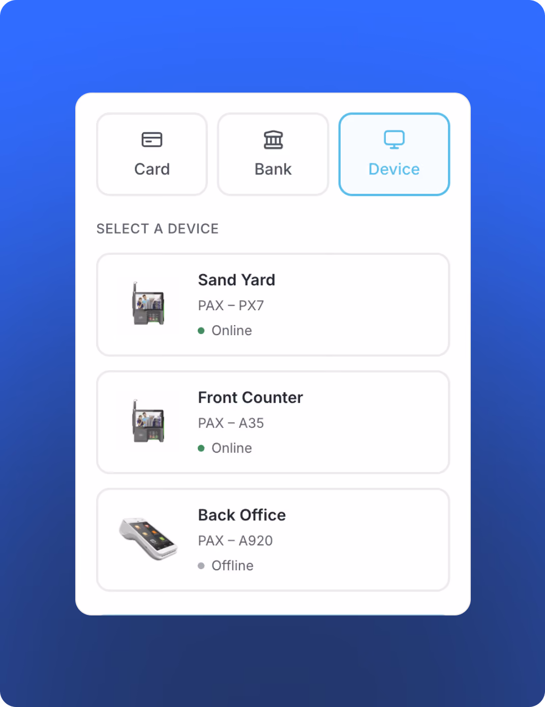 Device selection menu showing Sand Yard and Front Counter online, Back Office offline with images of terminals.