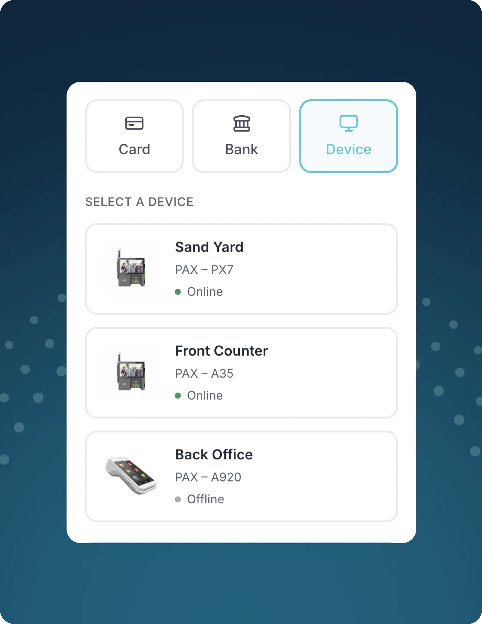 Device selection menu showing Sand Yard and Front Counter online, Back Office offline with images of terminals.