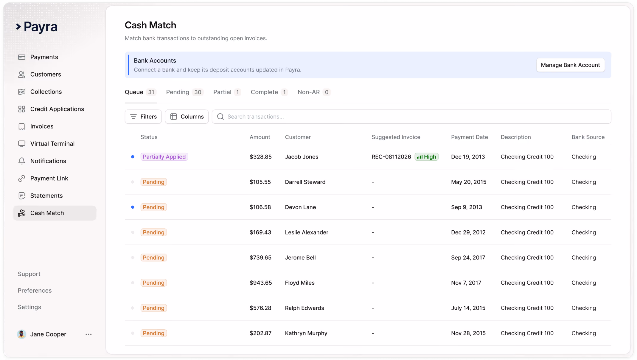 Screenshot of Payra's Cash Match interface showing bank transactions to match with open invoices, listing status, amount, customer, suggested invoice, payment date, description, and bank source, with an active Bank Accounts connection and a bank account management button.
