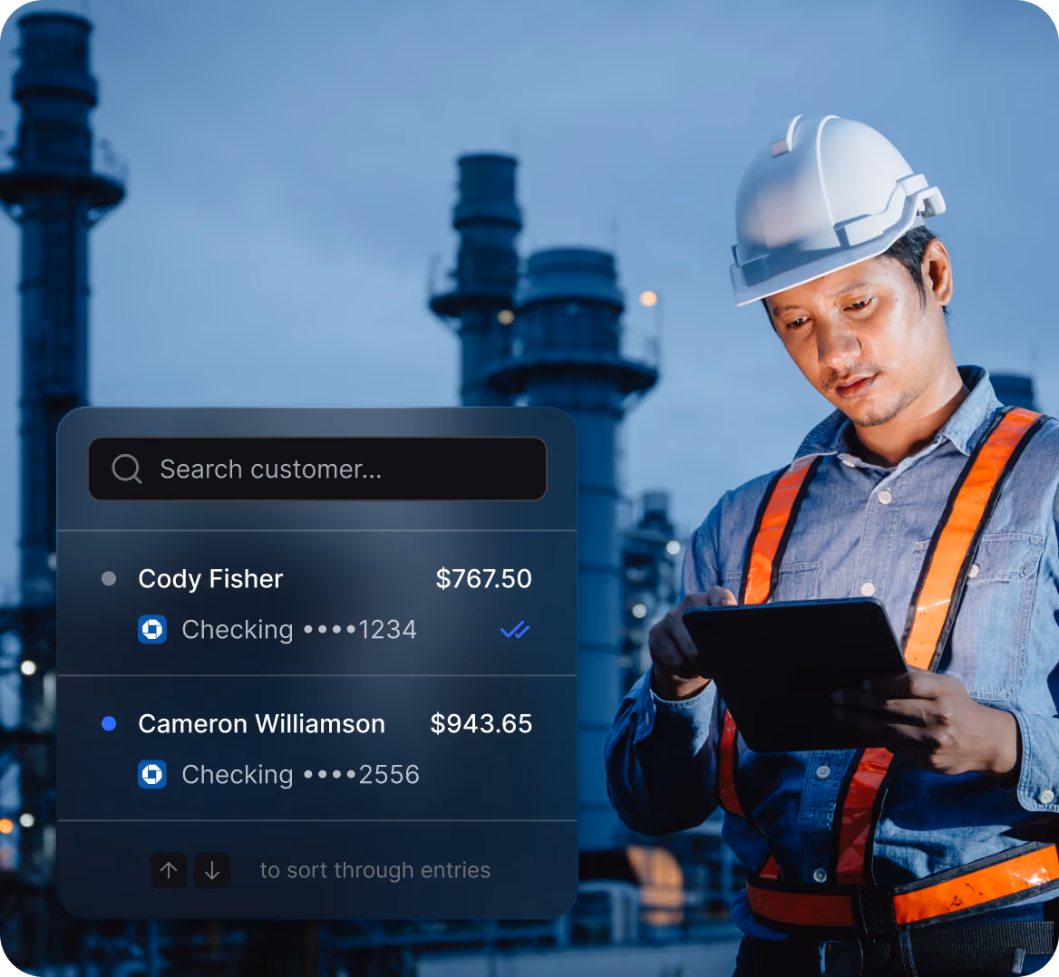 Payra customer search list over an industrial background