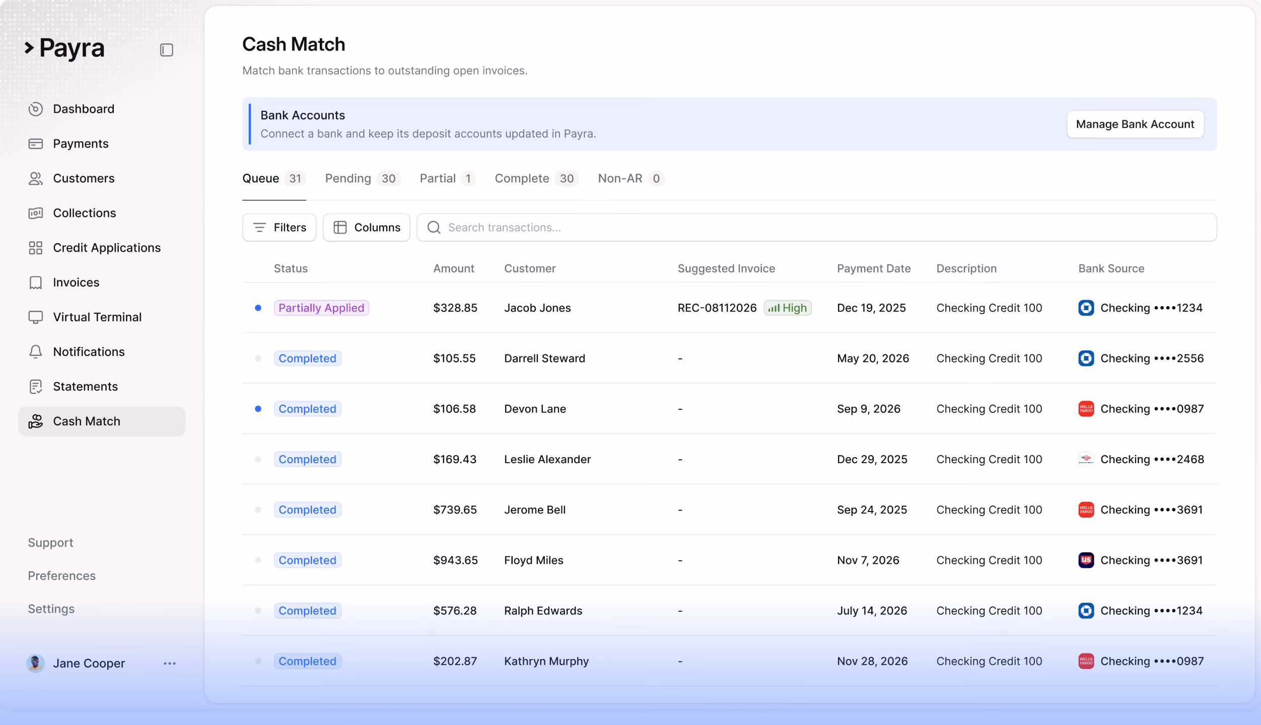 Payra Cash Match screen with the deposit queue and matched invoices