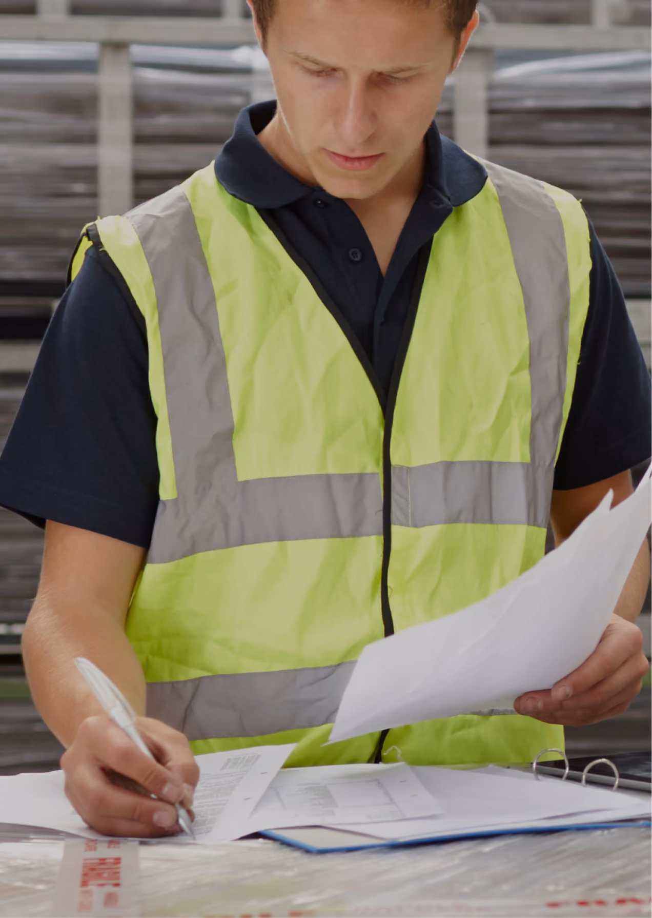 Supplier team member in a safety vest reviewing invoices at a desk
