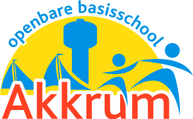 Logo van Openbare Basisschool Akkrum met gele halve cirkel, blauwe afbeelding en rode tekst.