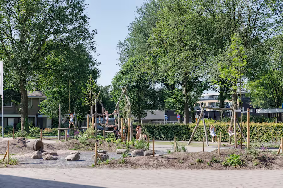 Kinderen spelen op houten klim- en schommeltoestellen in een park met bomen en struiken.