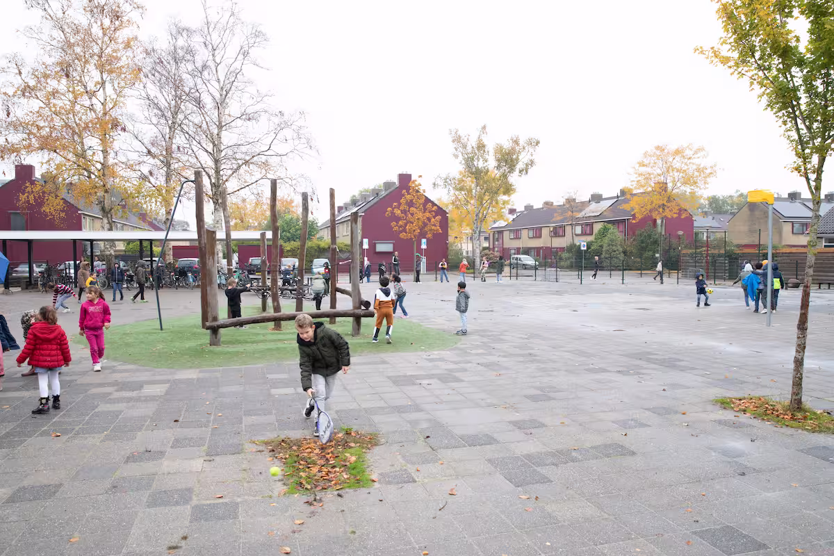 Kinderen spelen buiten op een schoolplein met speeltoestellen onder herfstachtige bomen.