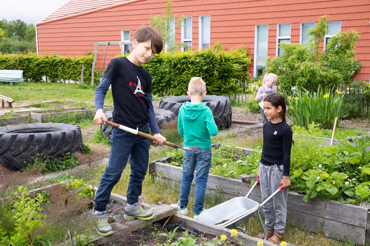 Kinderen werken samen in een tuin met een kruiwagen, schop en plantenbedden.