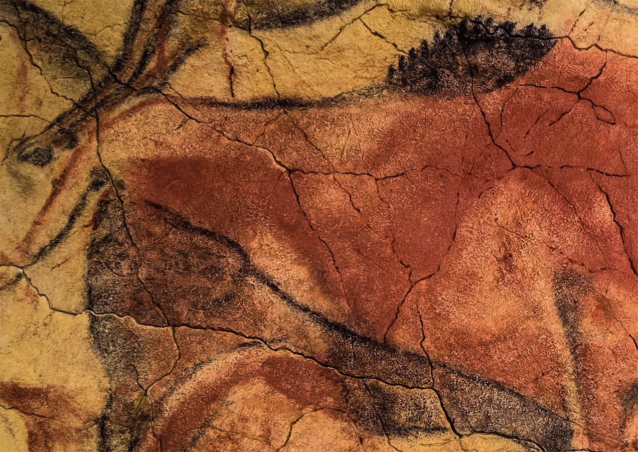 Ancient cave painting of a bison in red, black, and brown on a cracked rock surface.