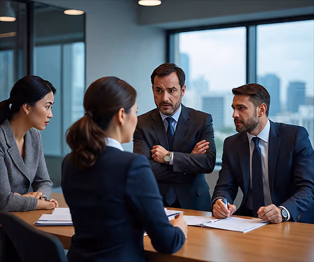 Four professionals in business attire engaged in a meeting around a wooden table in an office.