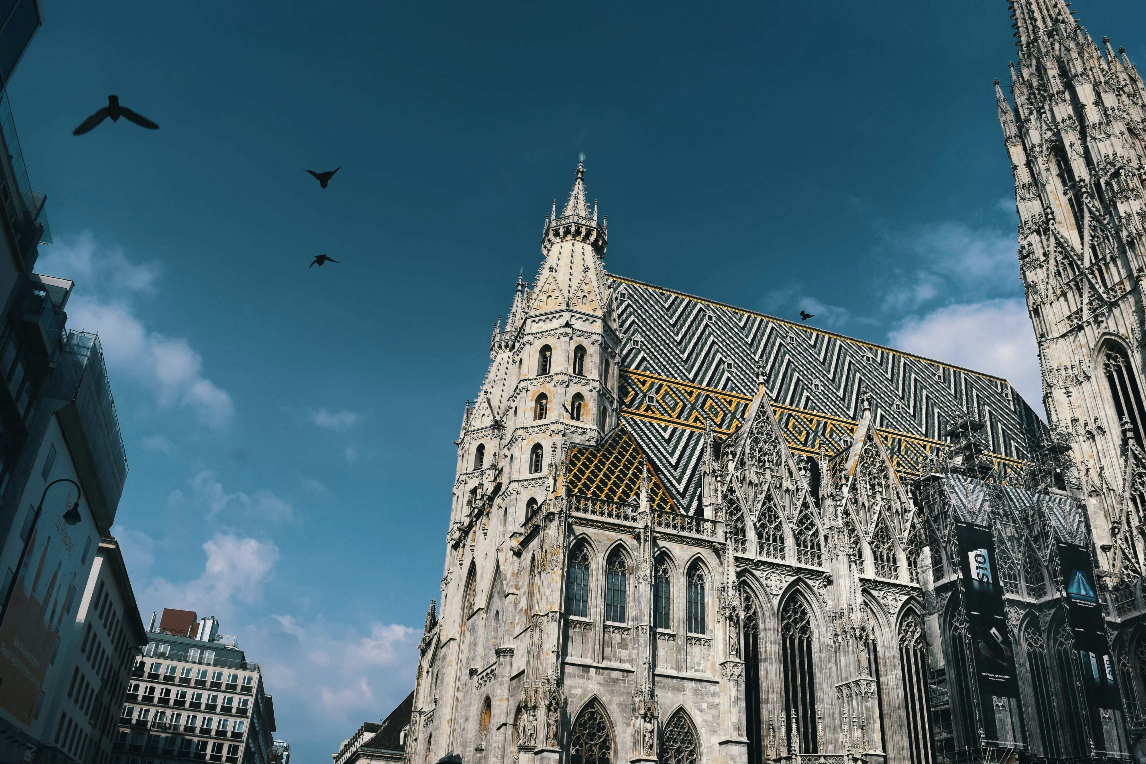 Gothic cathedral with a patterned roof under a blue sky with birds flying overhead.