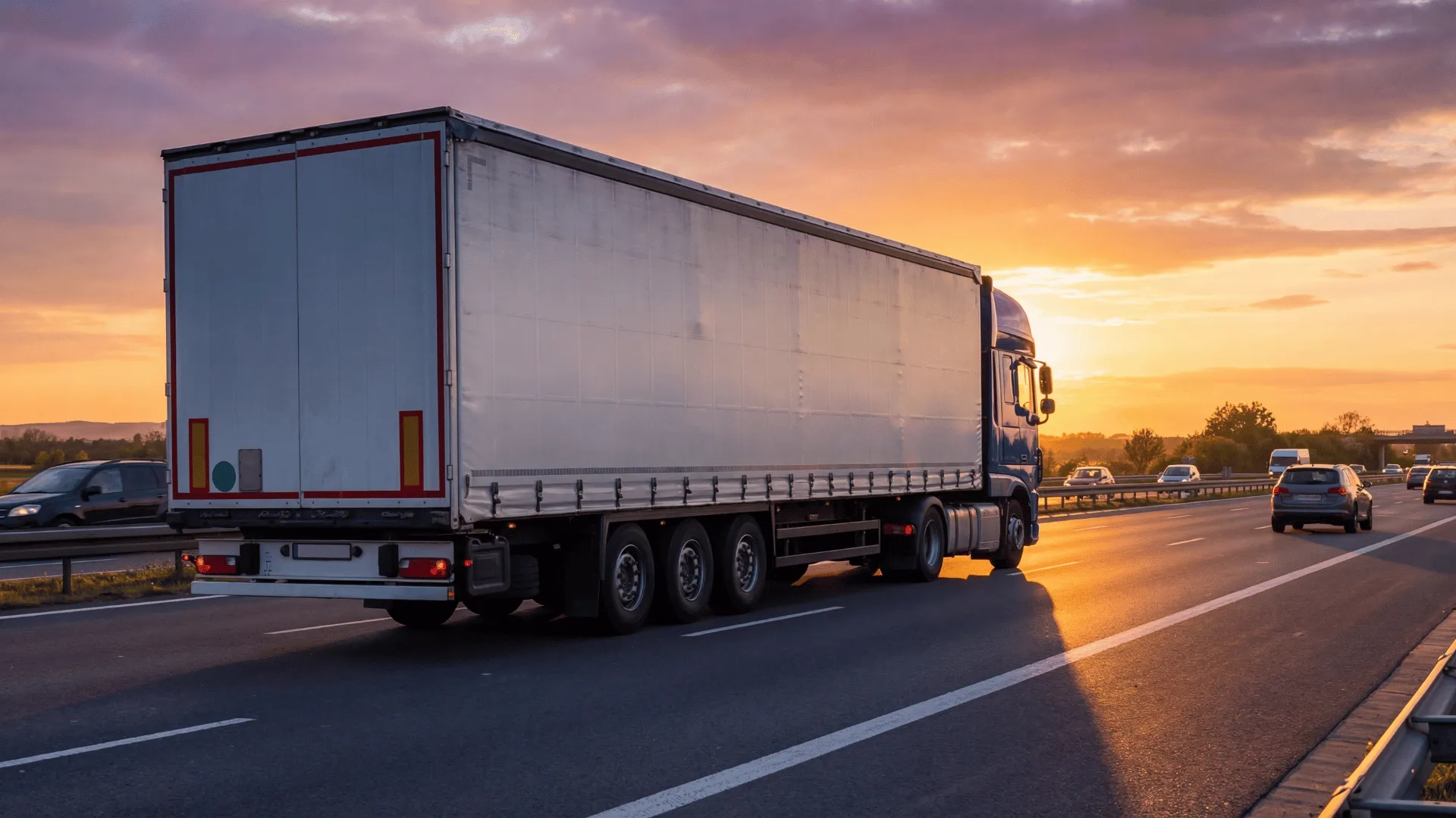 Transportfahrzeug fährt bei Sonnenuntergang auf einer Autobahn