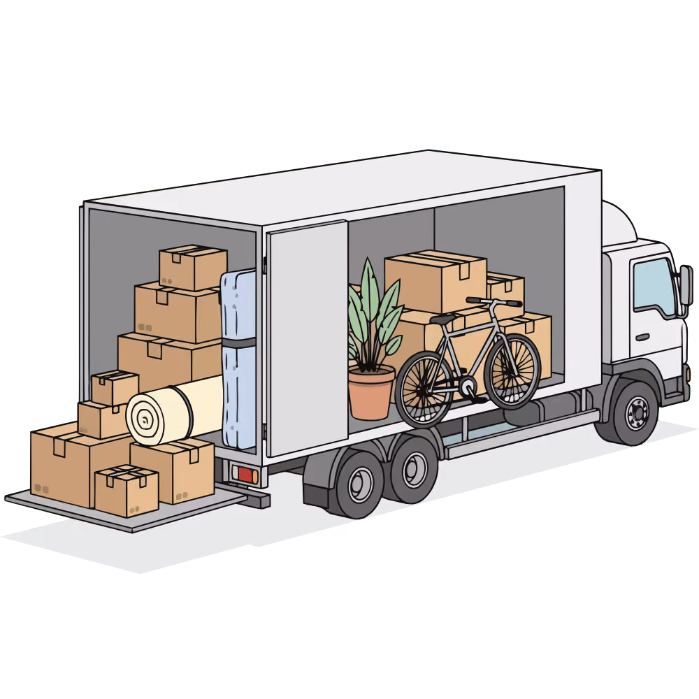 Beladener Transporter mit Möbeln, Umzugskartons und Fahrrad
