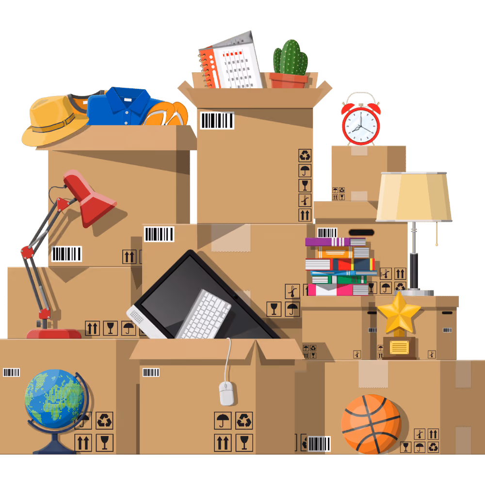 Illustration eines Hauses mit Möbeln, Hausrat und Umzugskartons