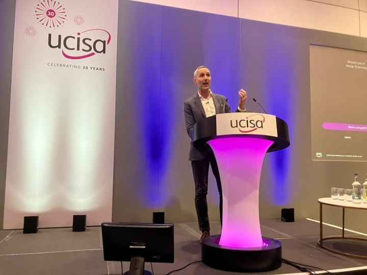  Andrew Proctor Executive Lead, UK Education at Amazon Web Services (former Pro Vice Chancellor of Staffordshire University) speaking on success in Digital Transformations [Image credit of UCISA] 