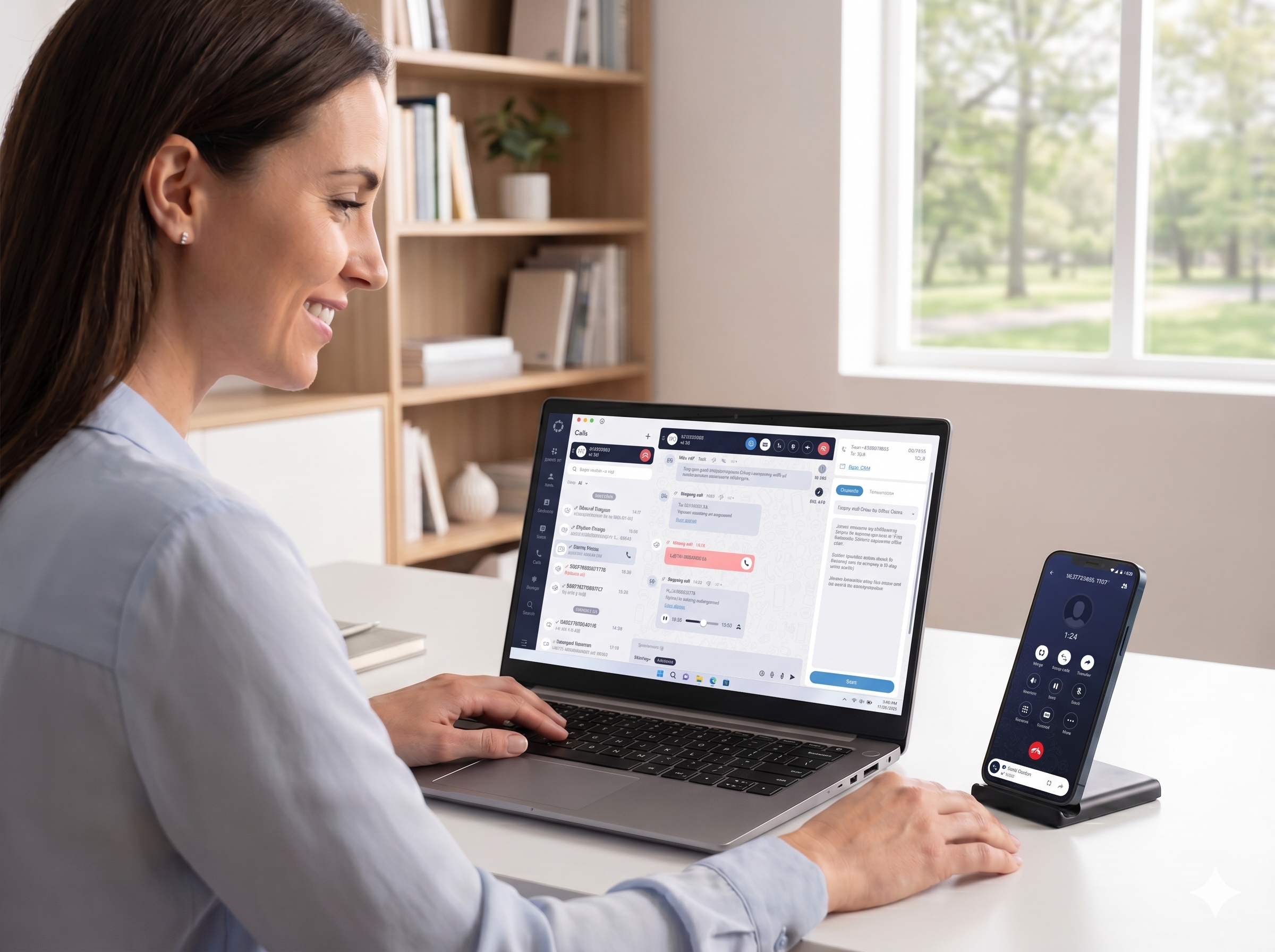 Woman smiling while working with her mobile phone and laptop at her desk