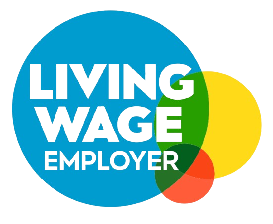 Living Wage Employer logo with black text and overlapping blue, green, yellow, and orange circles.