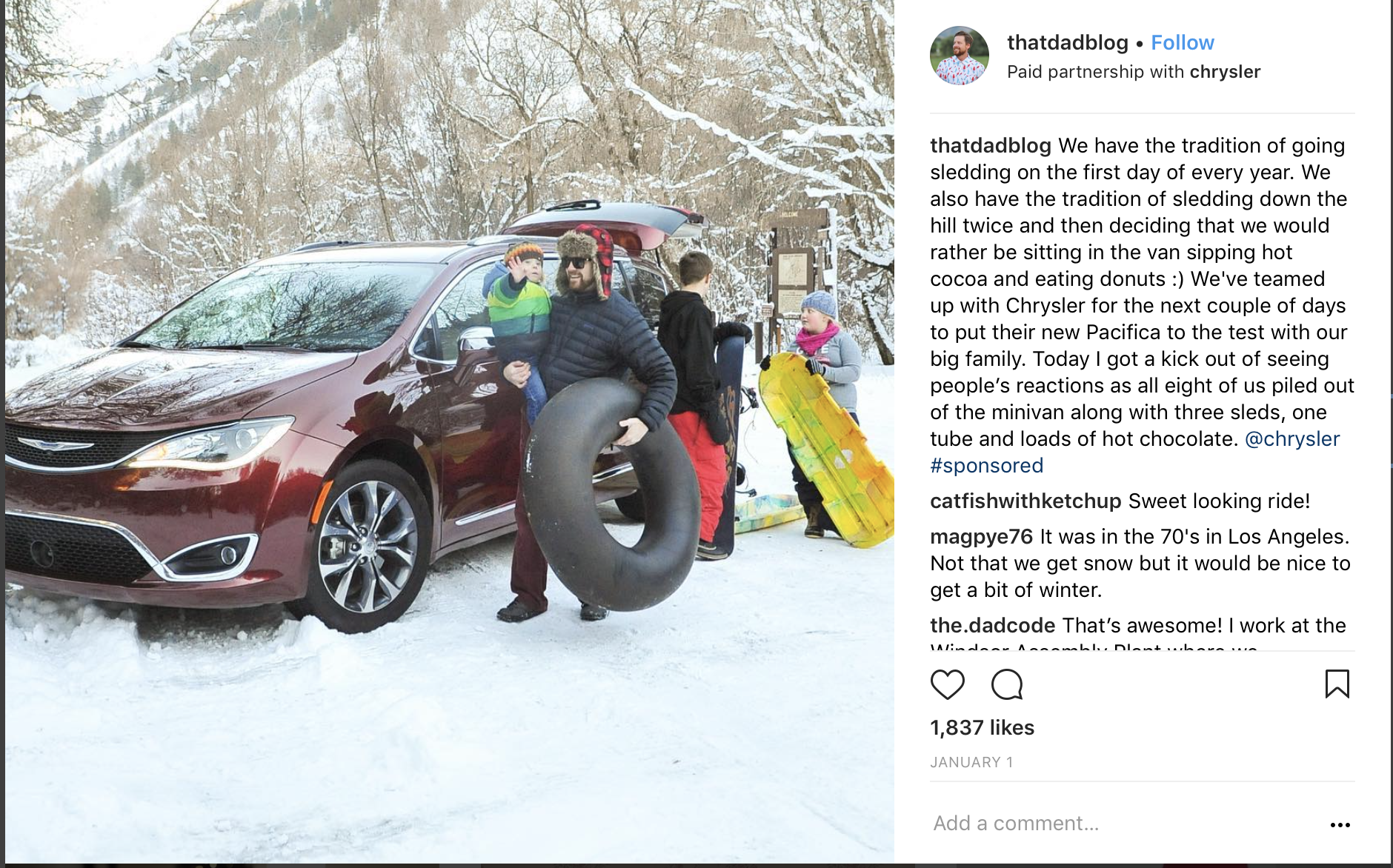 Instagram post shows influencer collaboration between Chrysler and ThatDadBlog