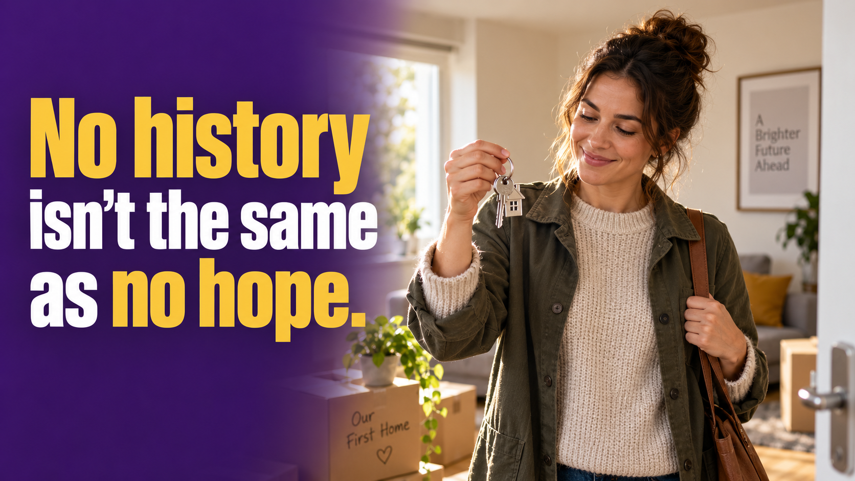 Smiling woman holds the keys to her first home, proving no credit history doesn’t mean no hope