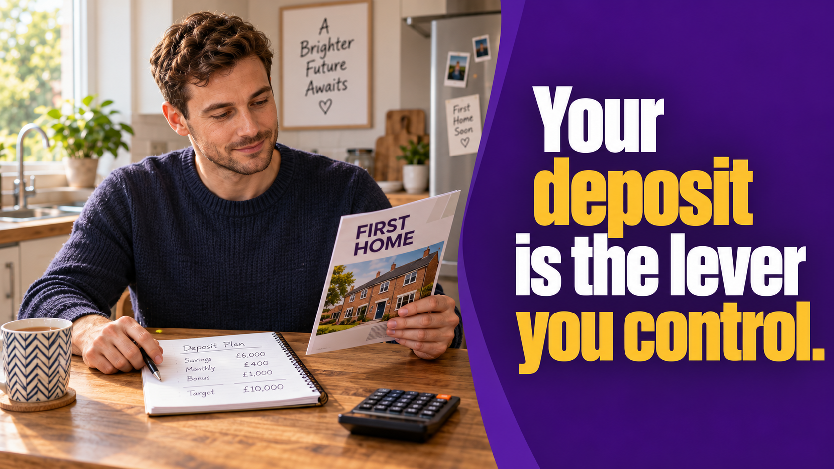 Smiling man plans his first-home deposit, proving the deposit is the one lever he fully controls