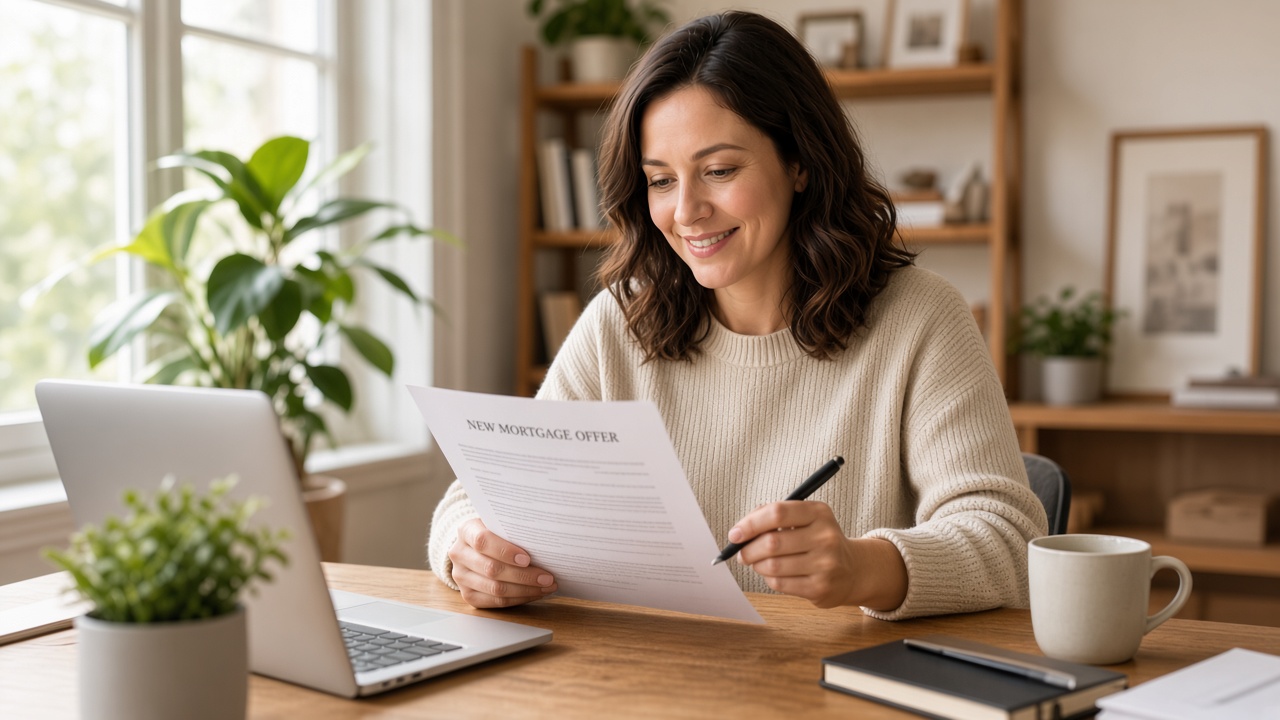 Woman smiling while signing a new mortgage offer.