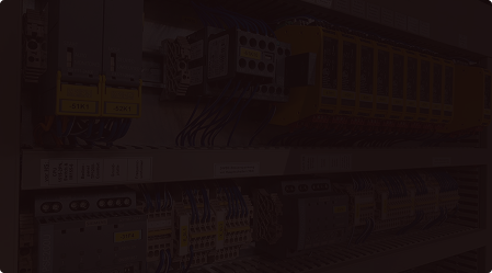Elektrische Steuerungseinheit mit Kabeln und Schaltelementen in einem Schaltschrank.