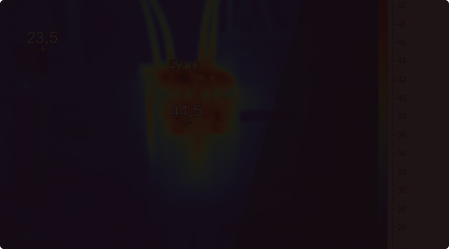 Thermal image showing temperature readings of 23.5, 44.5, and 52.0 degrees Celsius on an electrical device.