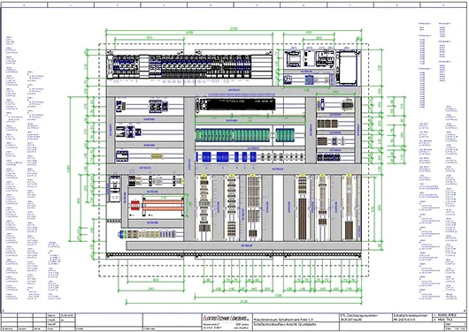Elektronischer Schaltplan mit detaillierten Komponenten, Beschriftungen und Abmessungen.