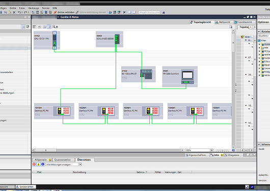 Software interface displaying a network topology with connected modules and configuration blocks.