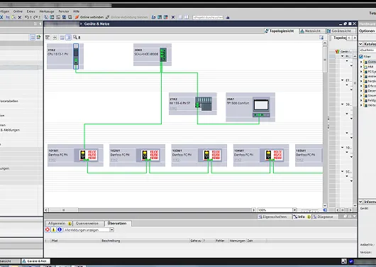 Software interface displaying a network topology with connected modules and configuration blocks.