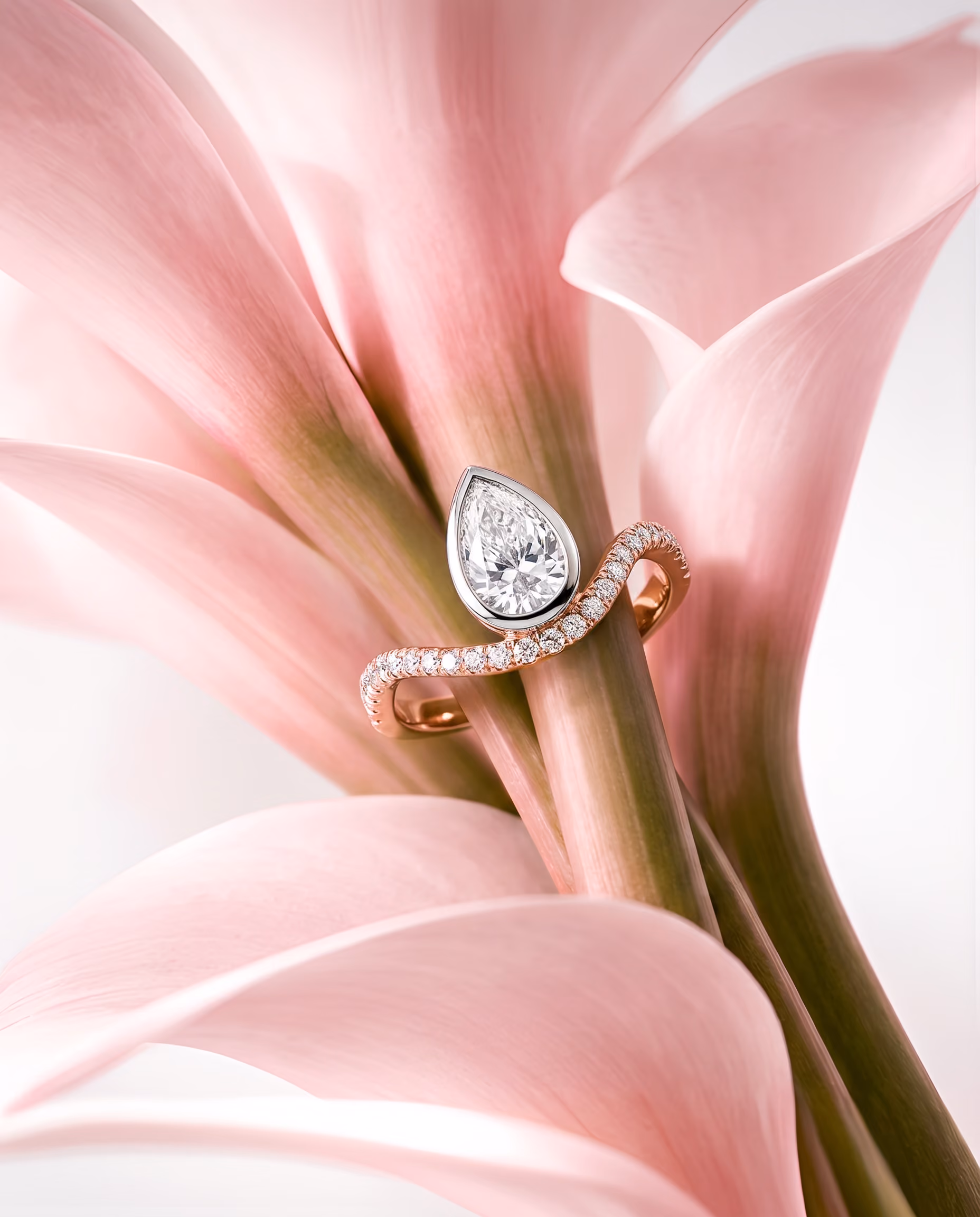 Diamond pear-shaped ring with small diamonds on a rose gold band on soft pink flower petals.