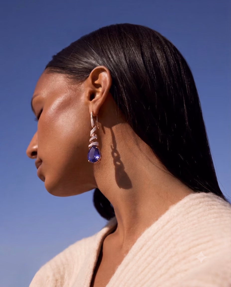 Profile of woman with long dark hair wearing a white top and dangling earring with a blue gemstone.