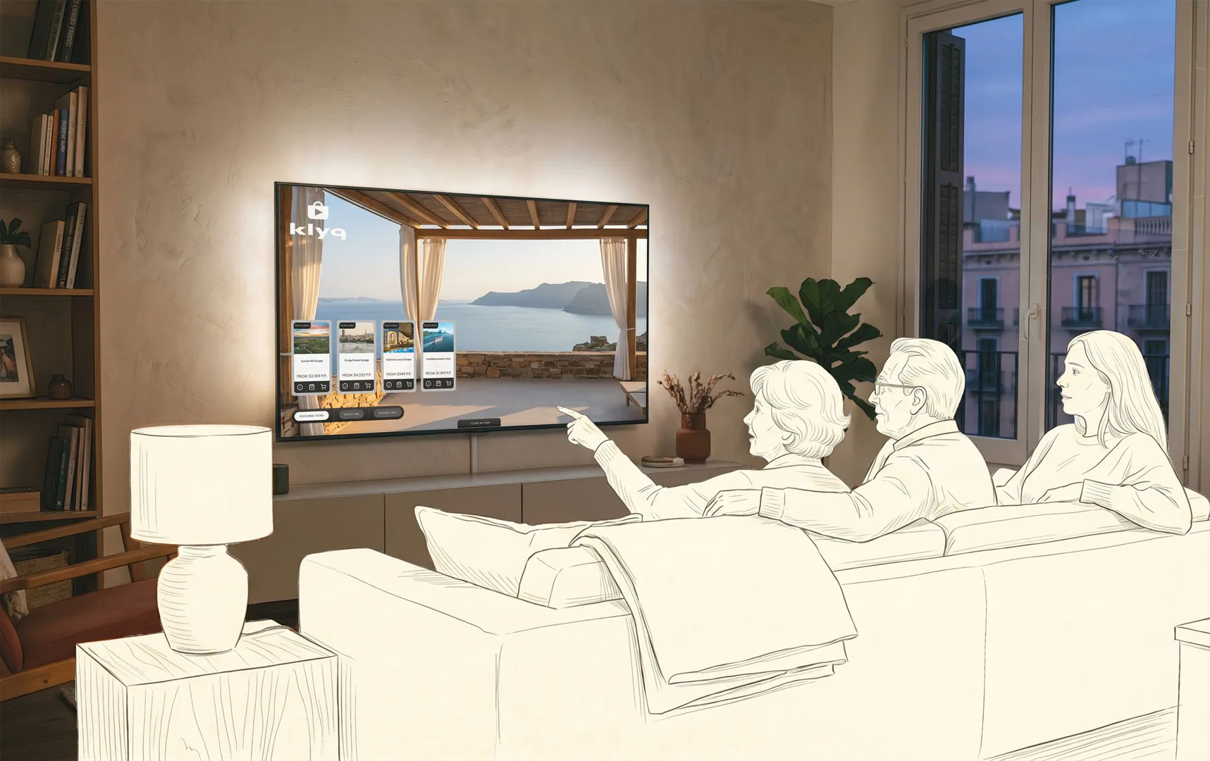 Three people sitting on a couch, one pointing at a TV screen showing travel package options in Klyq's buy bar.