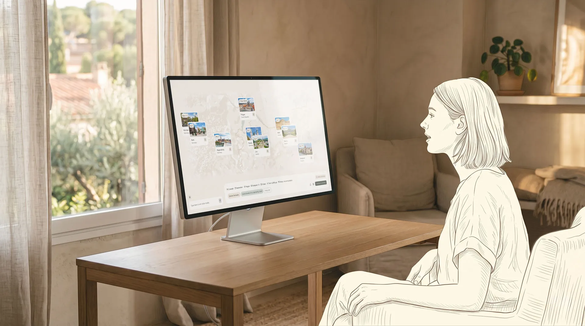 Woman sitting in chair looking at computer screen displaying Aquario's travel map with location cards.