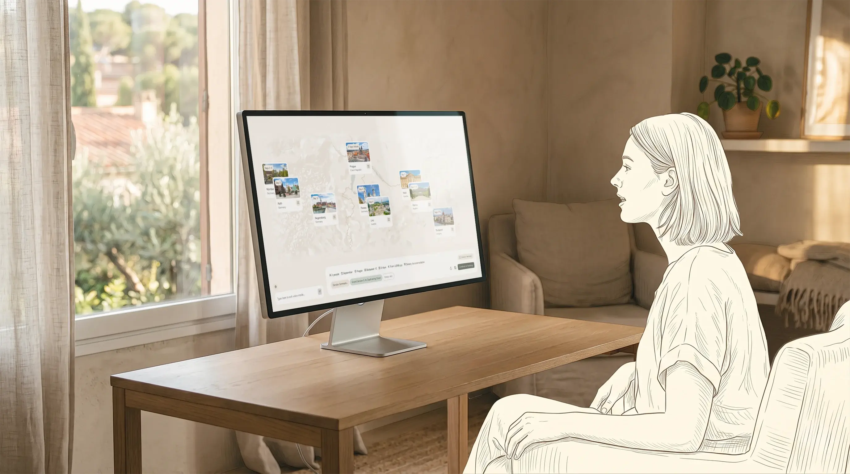 Woman sitting in chair looking at computer screen displaying Aquario's travel map with location cards.